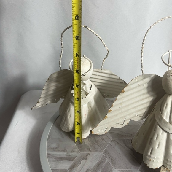 Rustic Corrugated Metal Angel Figurines Set of 2 White Holiday Decor Christmas - Picture 6 of 6